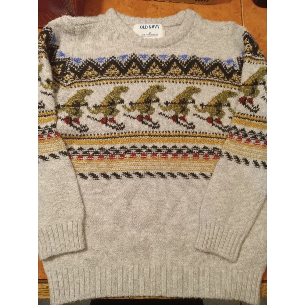 Old Navy Toddler 4T Gray Fair Isle Skiing Dinosaur Cotton Blend Knit Sweater